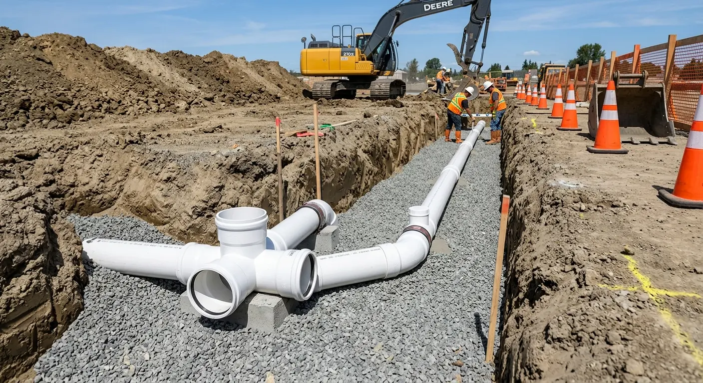 New PVC sewer pipe installation in open trench for Grease Trap Cleaning in Mascotte