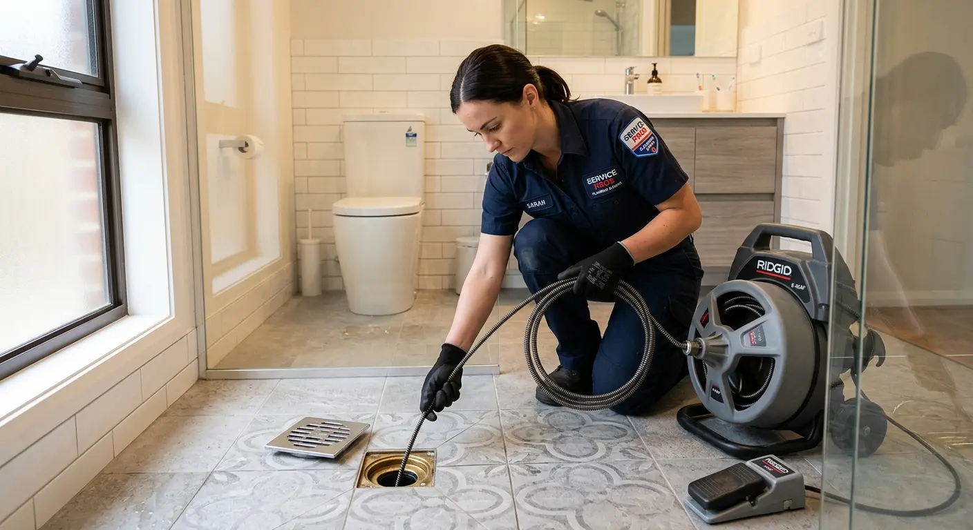Technician clearing a bathroom floor drain for Hydro Jetting in Mascotte